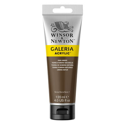 Winsor & Newton Galeria Akrylfärg, 120 ml tub mot färgad bakgrund. Raw Umber