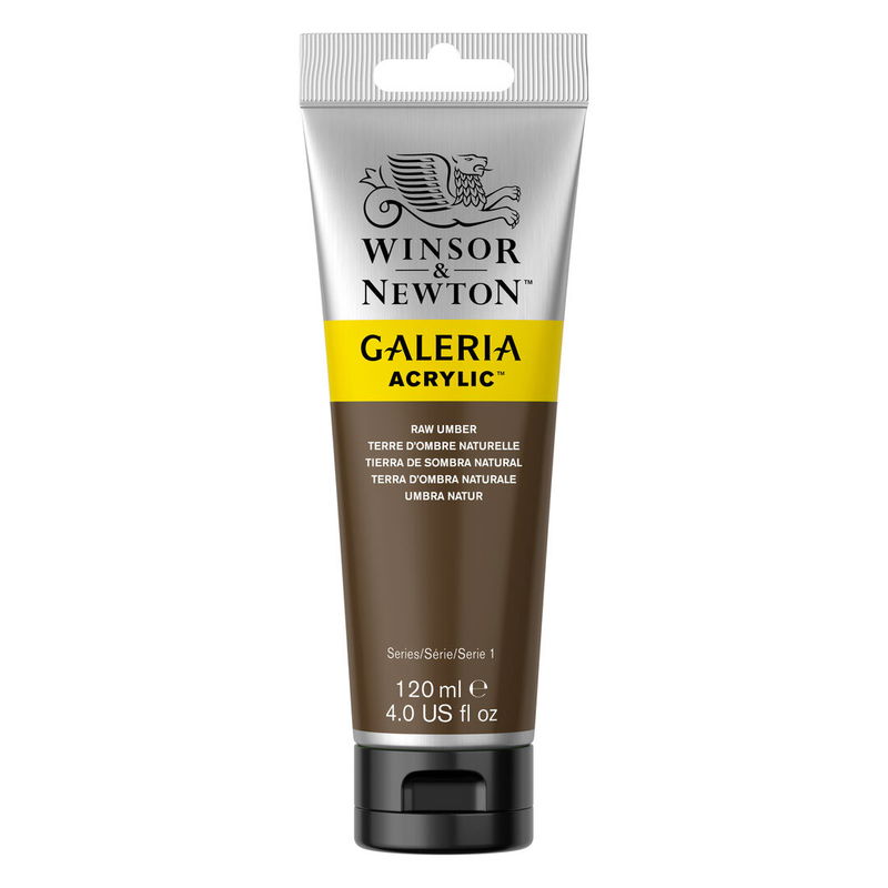 Winsor & Newton Galeria Akrylfärg, 120 ml tub mot färgad bakgrund. Raw Umber