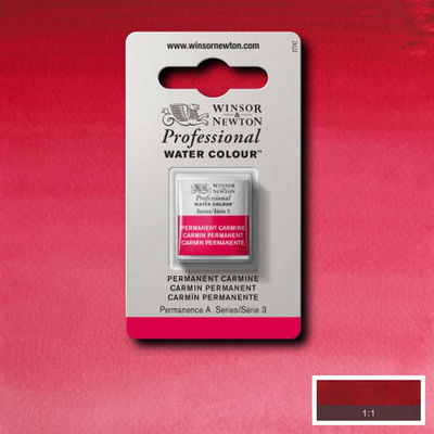 Winsor & Newton Professional Water Colour Permanent Carmine i halvkopp som visas mot målad bakgrund i samma färg.