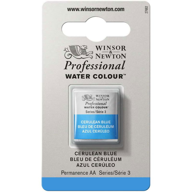Förpackning med Winsor & Newton Professional akvarellfärg Cerulean Blue halvkopp