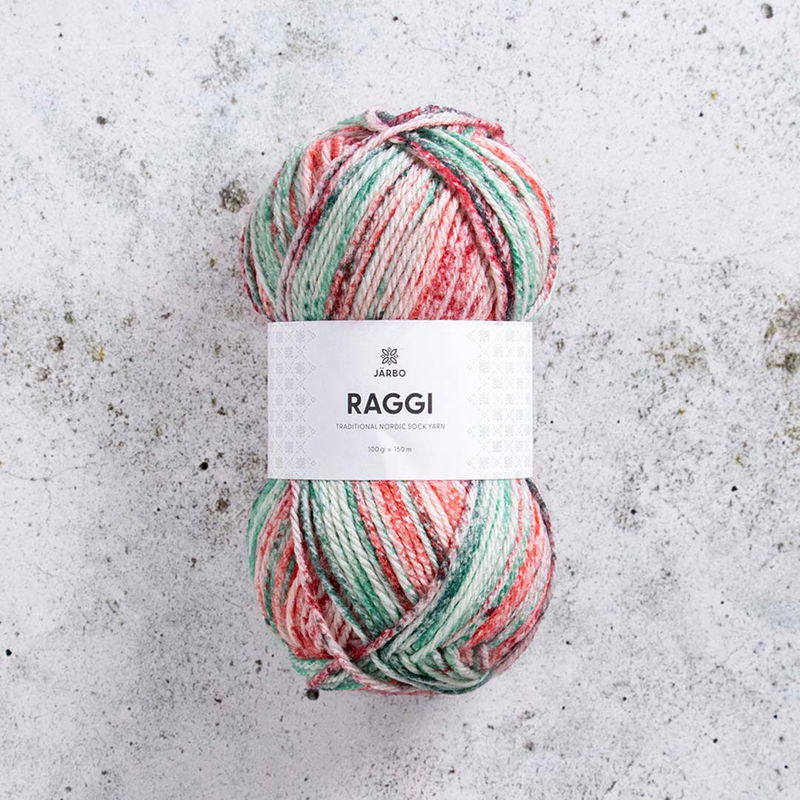 Järbo Raggi Chili Chives sockgarn, flerfärgat nystan i rött, grönt och vitt