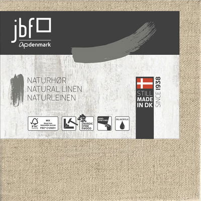 Förpackning av JBF målarduk serie 203 linne, FSC-certifierad och handspänd i Danmark.