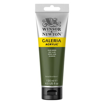 Winsor & Newton Galeria Akrylfärg, 120 ml tub mot färgad bakgrund. Olive Green