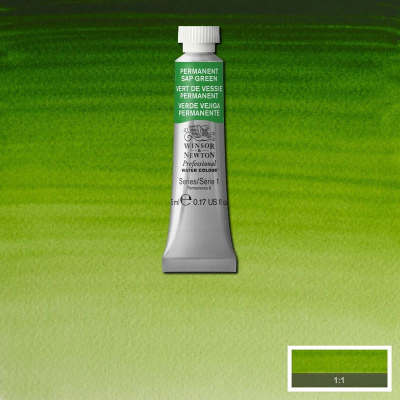 Winsor & Newton Professional Water Colour Permanent Sap Green i 5 ml tub som visas mot målad bakgrund i samma färg.