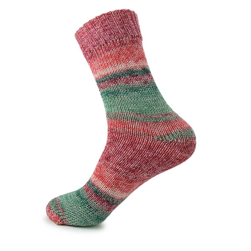 Stickad socka i Järbo Raggi Chili Chives, randig i rött, grönt och vit
