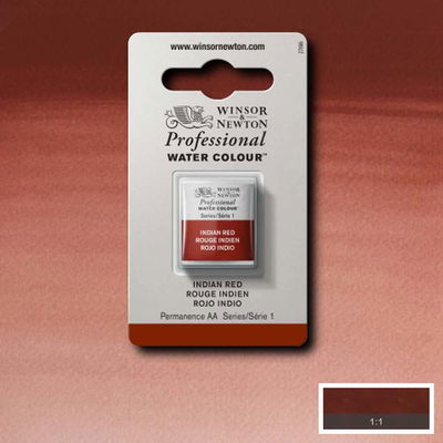 Winsor & Newton Professional Water Colour Indian Red i halvkopp som visas mot målad bakgrund i samma färg.