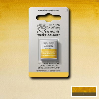 Winsor & Newton Professional Water Colour Yellow Ochre Light i halvkopp som visas mot målad bakgrund i samma färg.