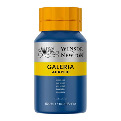 Winsor & Newton Galeria Akrylfärg, 500 ml flaska mot färgad bakgrund. Winsor Blue