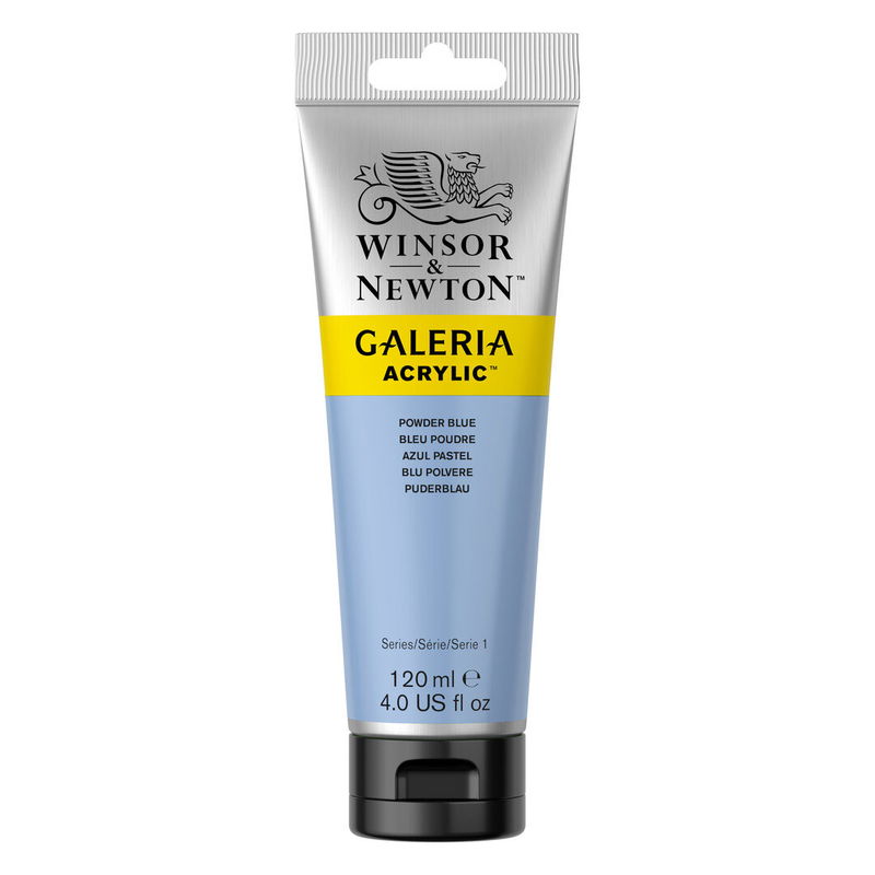 Winsor & Newton Galeria Akrylfärg, 120 ml tub mot färgad bakgrund. Powder Blue