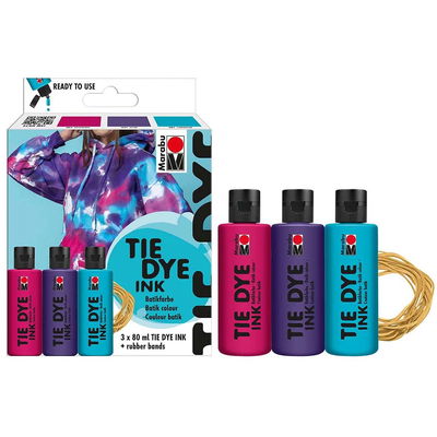 Marabu Tie Dye Ink Trend set med tre färgflaskor och gummiband för batik på textilier.