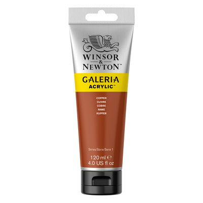 Winsor & Newton Galeria Akrylfärg, 120 ml tub mot färgad bakgrund. Copper