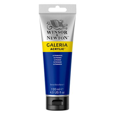 Winsor & Newton Galeria Akrylfärg, 120 ml tub mot färgad bakgrund. Ultramarine