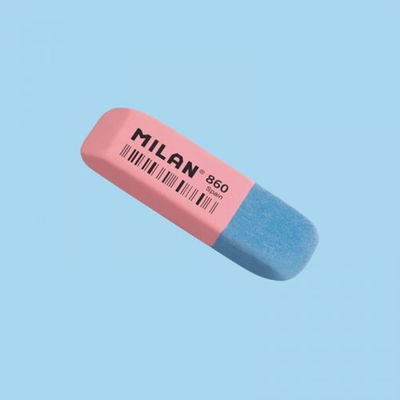 Rosa och blått suddgummi från Milan Klassiskt suddgummi, rosa och blått, ena sidan för lätt suddning och andra för hårdare suddning
