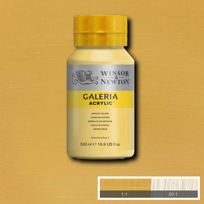 Winsor & Newton Galeria Akrylfärg, 500 ml flaska mot färgad bakgrund. Naples Yellow
