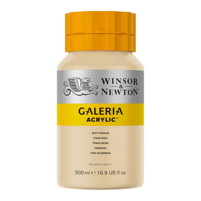 Winsor & Newton Galeria Akrylfärg, 500 ml flaska mot färgad bakgrund. Buff Titanium