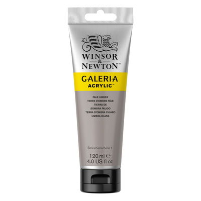 Winsor & Newton Galeria Akrylfärg, 120 ml tub mot färgad bakgrund. Pale Umber