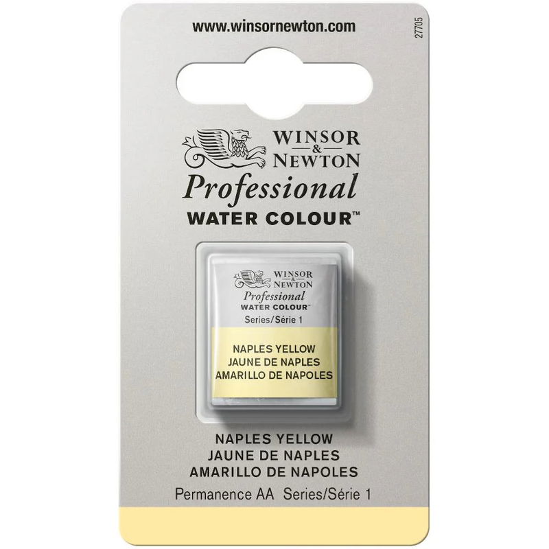 Förpackning med Winsor & Newton Professional akvarellfärg Naples Yellow halvkopp