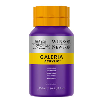 Winsor & Newton Galeria Akrylfärg, 500 ml flaska mot färgad bakgrund. Winsor Violet