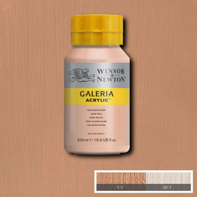 Winsor & Newton Galeria Akrylfärg, 500 ml flaska mot färgad bakgrund. Pale Rose Blush