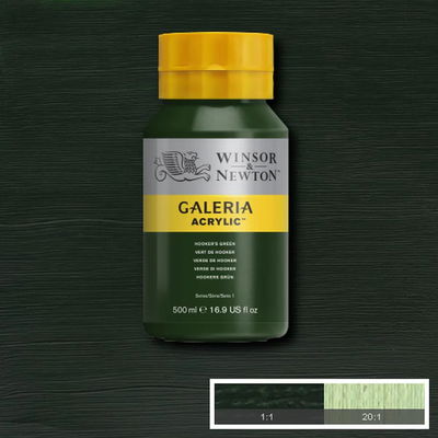 Flaska med 500 ml akrylfärg. Winsor & Newton Galeria Hooker’s Green