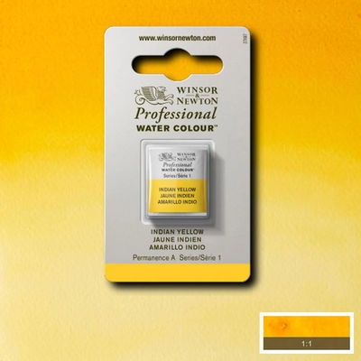 Winsor & Newton Professional Water Colour Indian Yellow i halvkopp som visas mot målad bakgrund i samma färg.