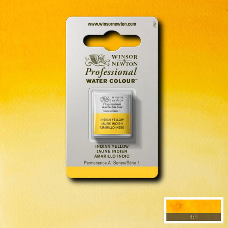 Winsor & Newton Professional Water Colour Indian Yellow i halvkopp som visas mot målad bakgrund i samma färg.
