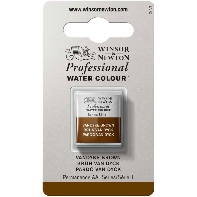 Förpackning med Winsor & Newton Professional akvarellfärg Vandyke Brown halvkopp