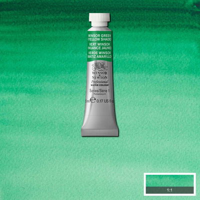 Färgprov och förpackning, Winsor Green (Yellow Shade) 5 ml tub Winsor & Newton Professional Water Colour Winsor Green (Yellow Shade) i halvkopp som visas mot målad bakgrund i samma färg.