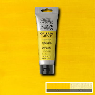 Winsor & Newton Galeria Akrylfärg, 120 ml tub mot färgad bakgrund. Cadmium Yellow Medium Hue