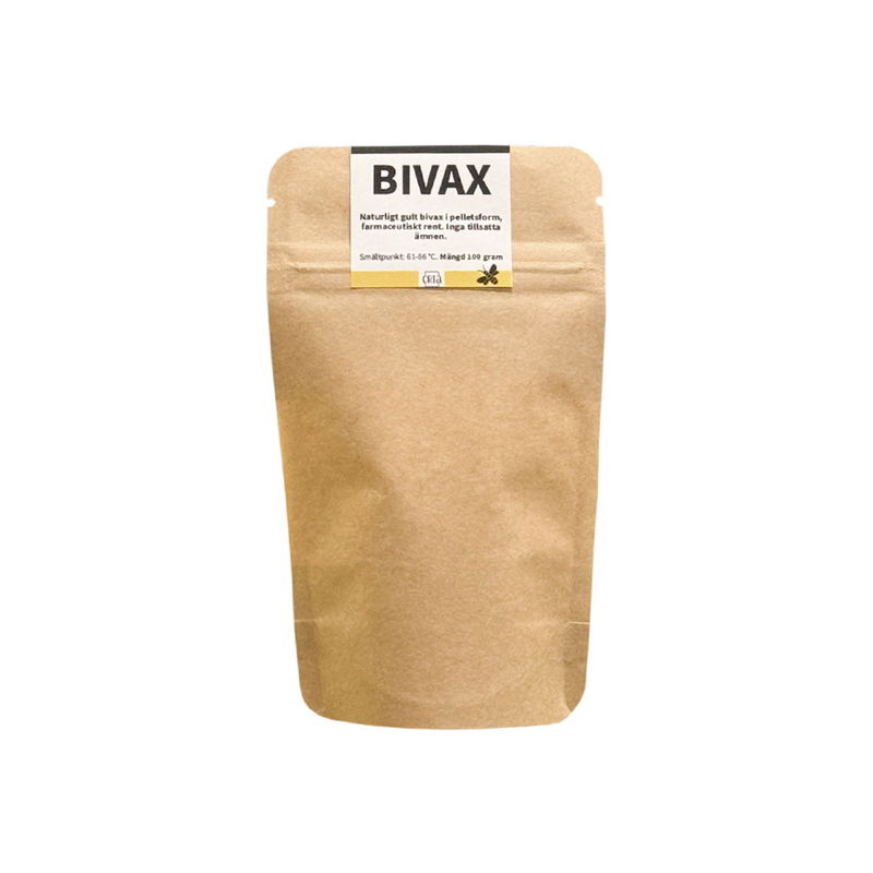 Bivax 100 gram i naturfärgad förpackning. Lämplig till ljus, möbelvård och mycket mer