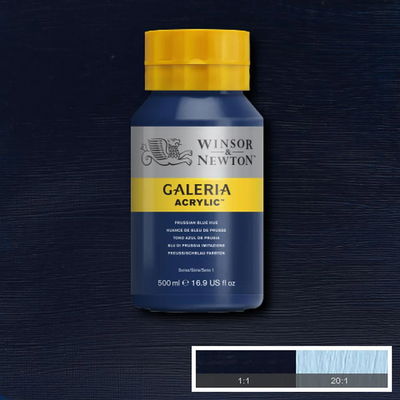 Flaska med 500 ml akrylfärg. Winsor & Newton Galeria Prussian Blue Hue