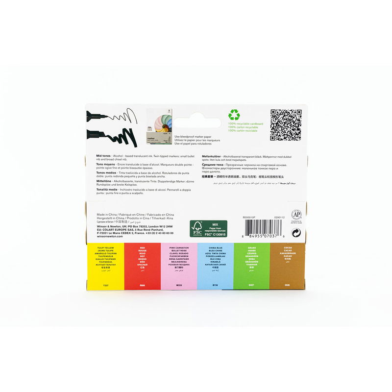 Winsor & Newton Promarker Mid Tones 6-pack baksida av förpackning med färger och info