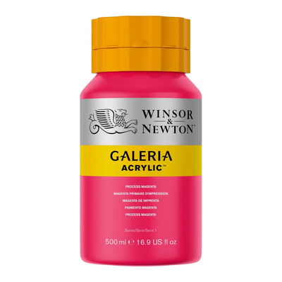 Winsor & Newton Galeria Akrylfärg, 500 ml flaska mot färgad bakgrund. Process Magenta