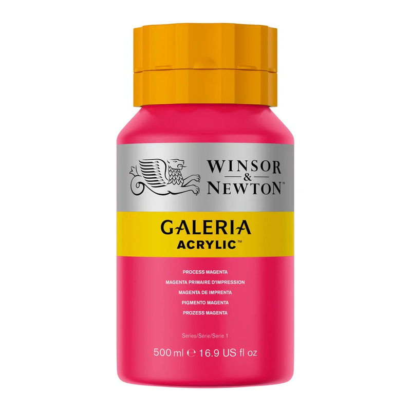 Winsor & Newton Galeria Akrylfärg, 500 ml flaska mot färgad bakgrund. Process Magenta