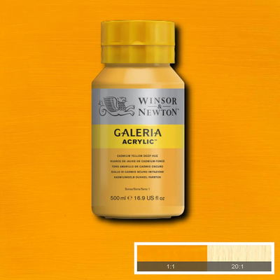 Winsor & Newton Galeria Akrylfärg, 500 ml flaska mot färgad bakgrund. Cadmium Yellow Deep Hue