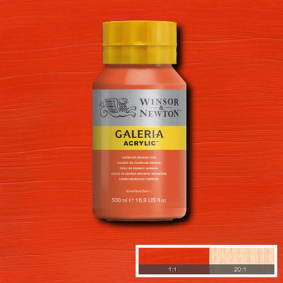 Winsor & Newton Galeria Akrylfärg, 500 ml flaska mot färgad bakgrund. Cadmium Orange Hue
