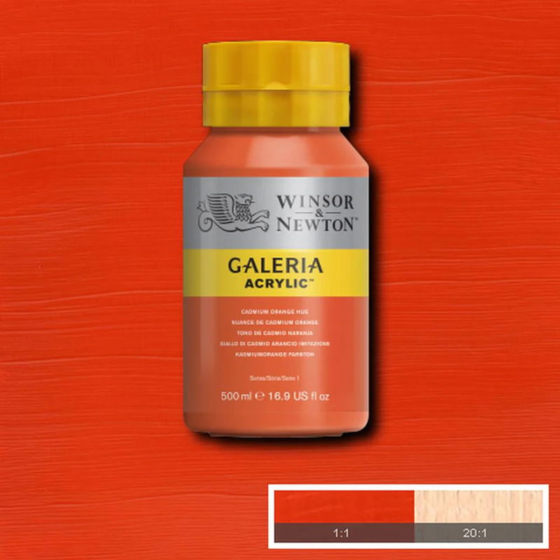 Winsor & Newton Galeria Akrylfärg, 500 ml flaska mot färgad bakgrund. Cadmium Orange Hue