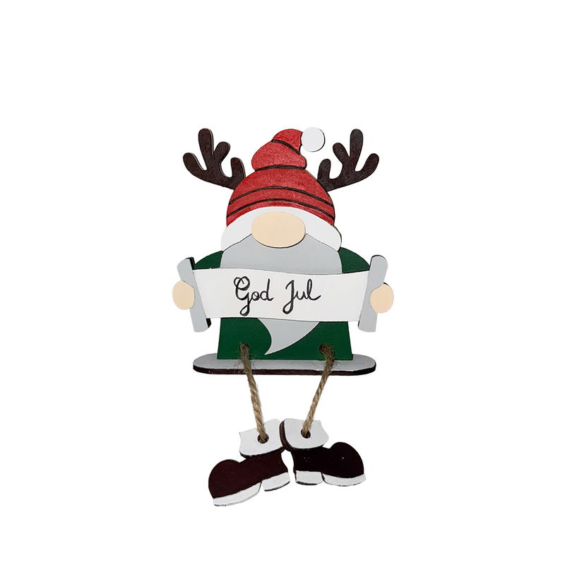 Målad tomte i trä med banderoll, redo för eget julbudskap, DIY-kit från Cria