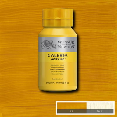 Winsor & Newton Galeria Akrylfärg, 500 ml flaska mot färgad bakgrund. Transparent Yellow