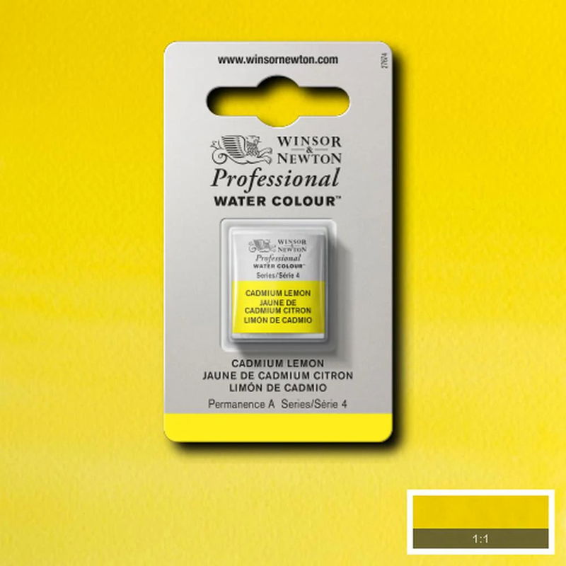 Winsor & Newton Professional Water Colour Cadmium Lemon i halvkopp som visas mot målad bakgrund i samma färg.