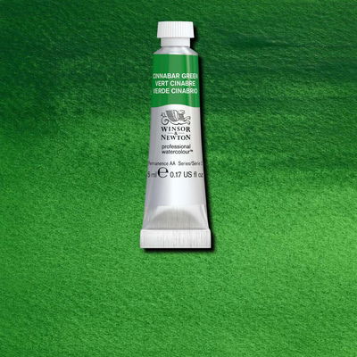 Winsor & Newton Professional Water Colour Cinnabar Green i 5 ml tub som visas mot målad bakgrund i samma färg.
