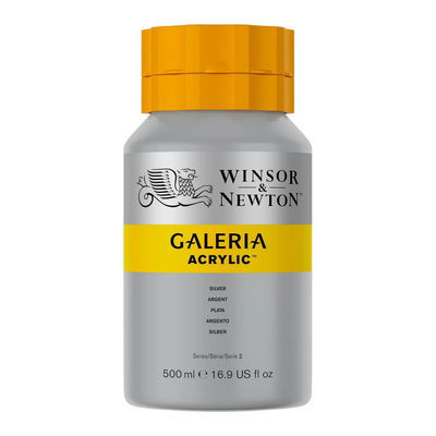 Winsor & Newton Galeria Akrylfärg, 500 ml flaska mot färgad bakgrund. Silver