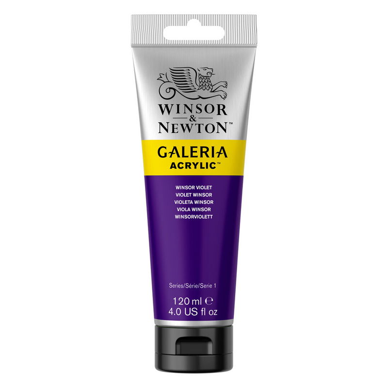 Winsor & Newton Galeria Akrylfärg, 120 ml tub mot färgad bakgrund. Winsor Violet