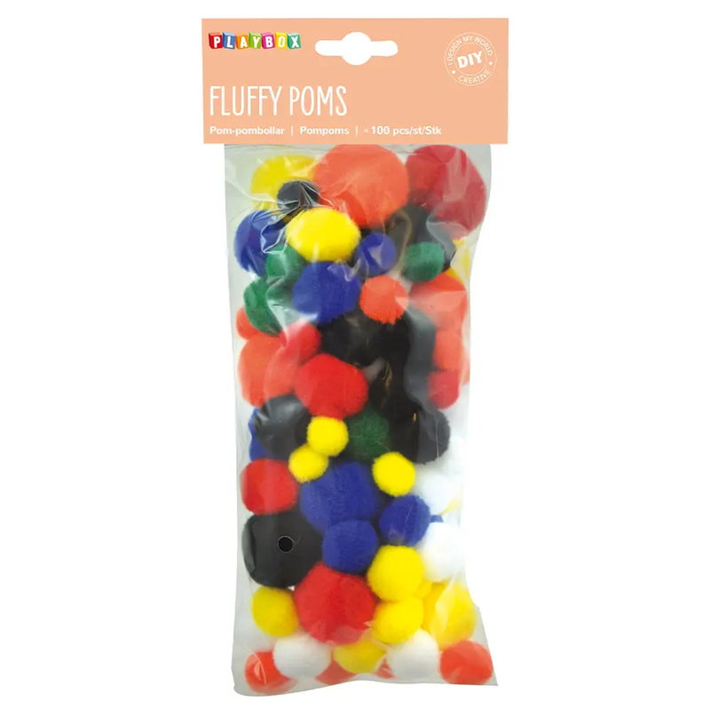 Playbox Fluffy Poms förpackning med 100 st pom-pombollar i basfärger röd, gul, blå, grön, svart, vit och orange