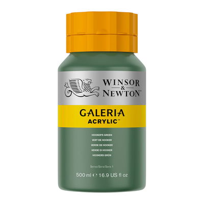 Winsor & Newton Galeria Akrylfärg, 500 ml flaska mot färgad bakgrund. Hooker’s Green