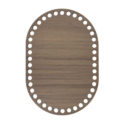 Oval korgbotten 15x22 cm i valnötsfanér, laserskuren träfiberskiva med 9 mm hål, frilagd mot vit bakgrund