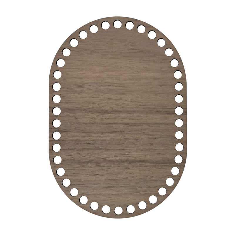 Oval korgbotten 15x22 cm i valnötsfanér, laserskuren träfiberskiva med 9 mm hål, frilagd mot vit bakgrund