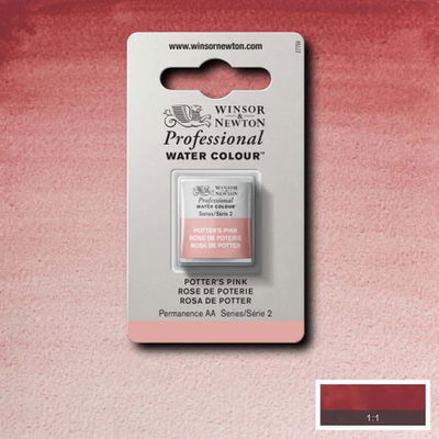 Winsor & Newton Professional Water Colour Potter's Pink i halvkopp som visas mot målad bakgrund i samma färg.