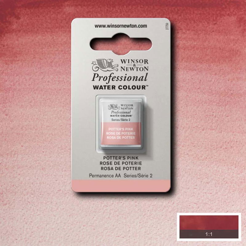 Winsor & Newton Professional Water Colour Potter's Pink i halvkopp som visas mot målad bakgrund i samma färg.