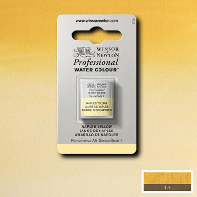 Winsor & Newton Professional Water Colour Naples Yellow i halvkopp som visas mot målad bakgrund i samma färg.